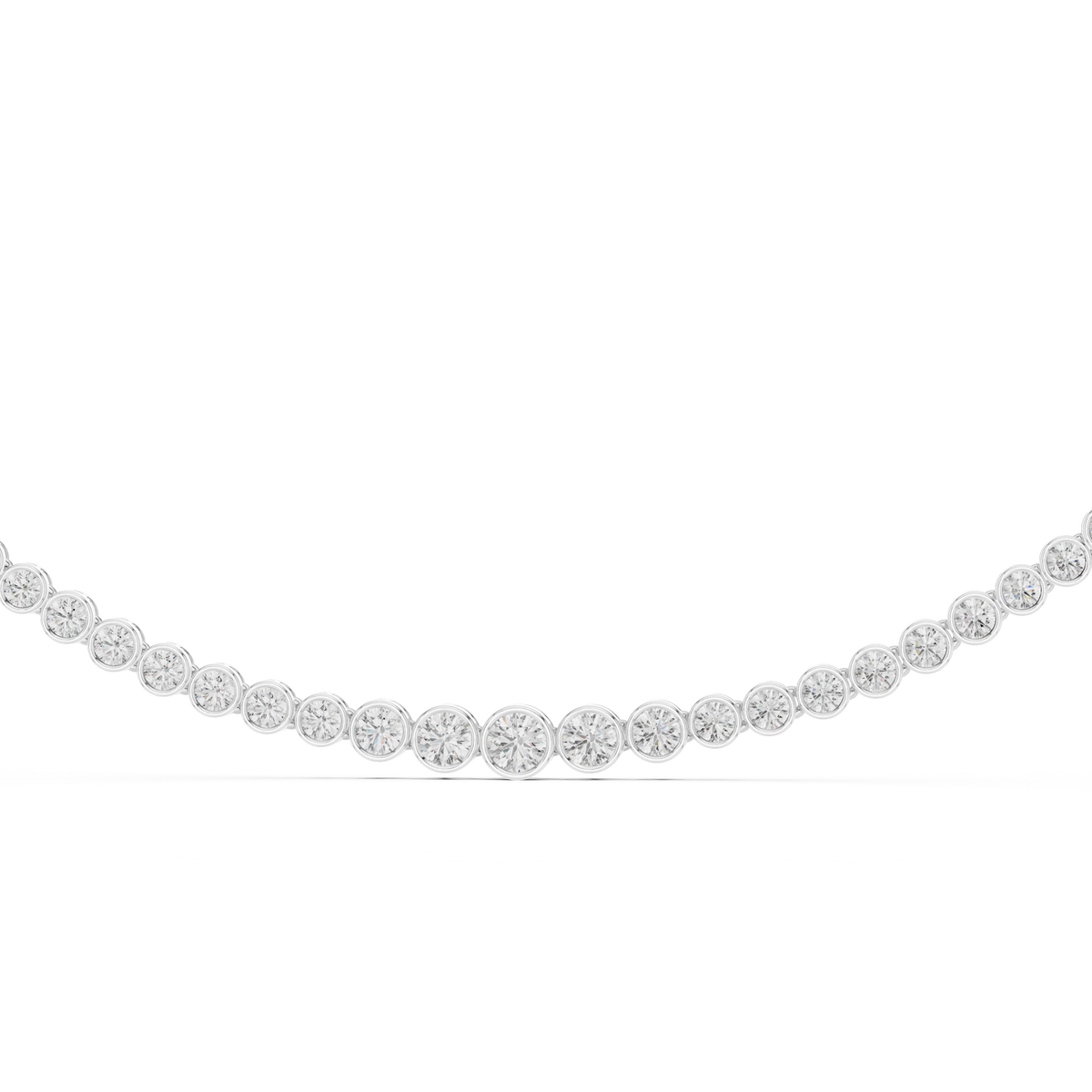 White gold graduated lab grown diamond bezel necklace, angled view