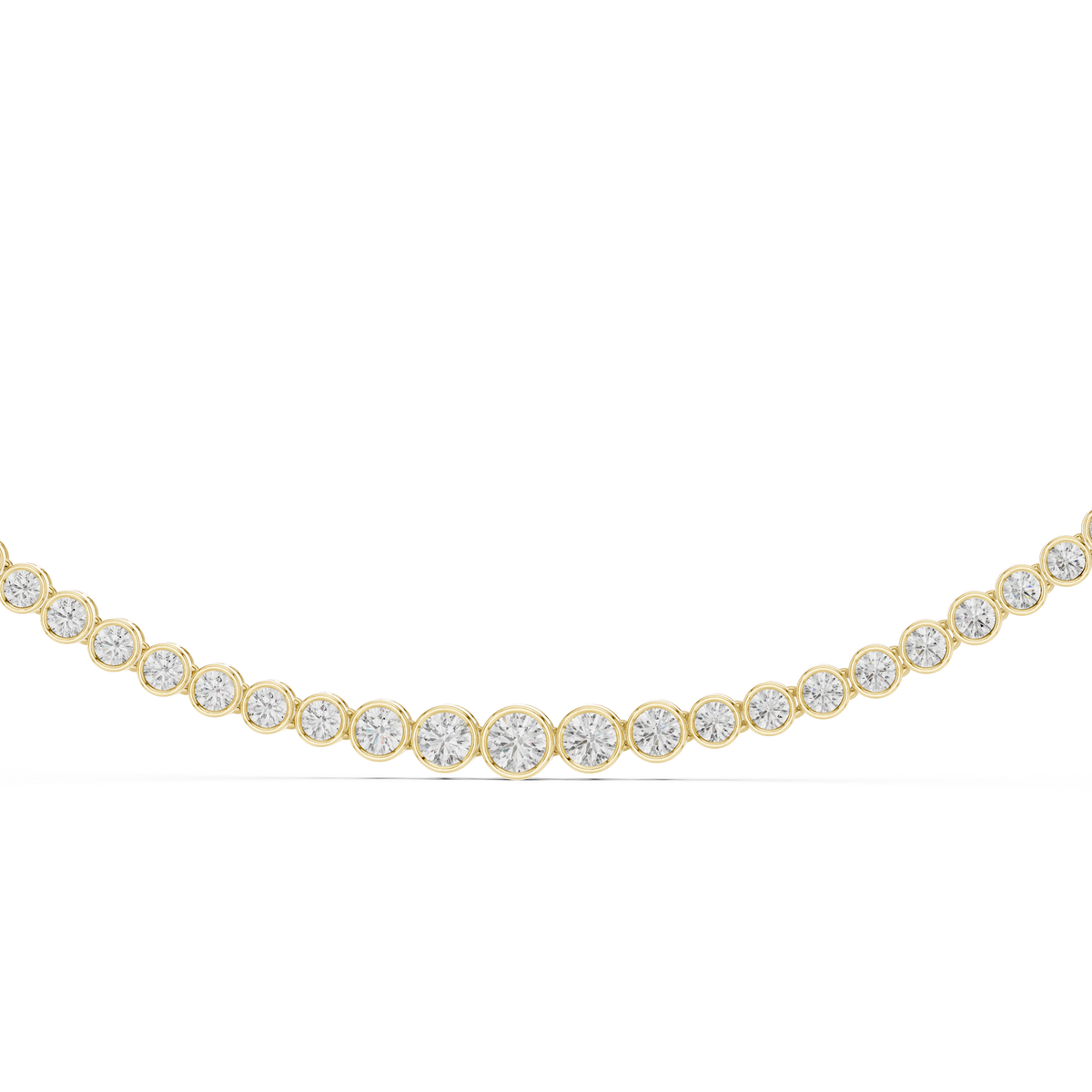 Yellow gold graduated lab grown diamond bezel necklace, angled view