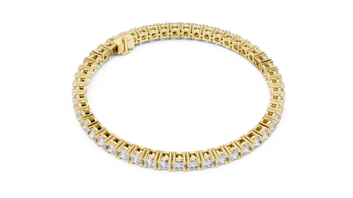 Yellow gold round cut lab grown diamond tennis bracelet, side view
