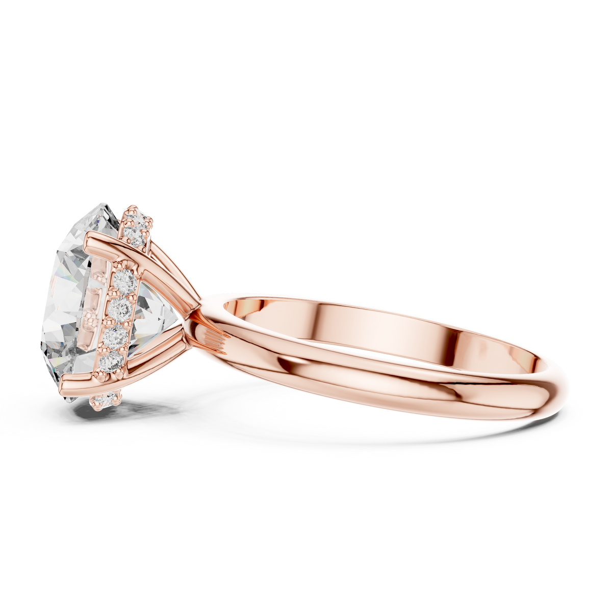3.75 CT round lab grown diamond hidden halo engagement ring in rose gold, side view