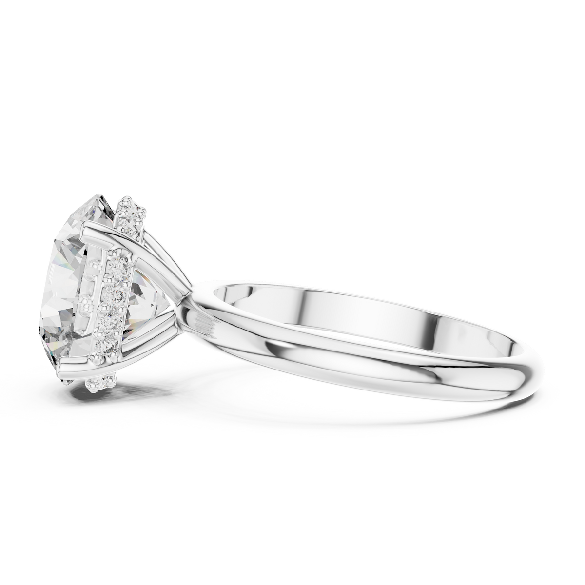 3.75 CT round lab grown diamond hidden halo engagement ring in white gold, side view