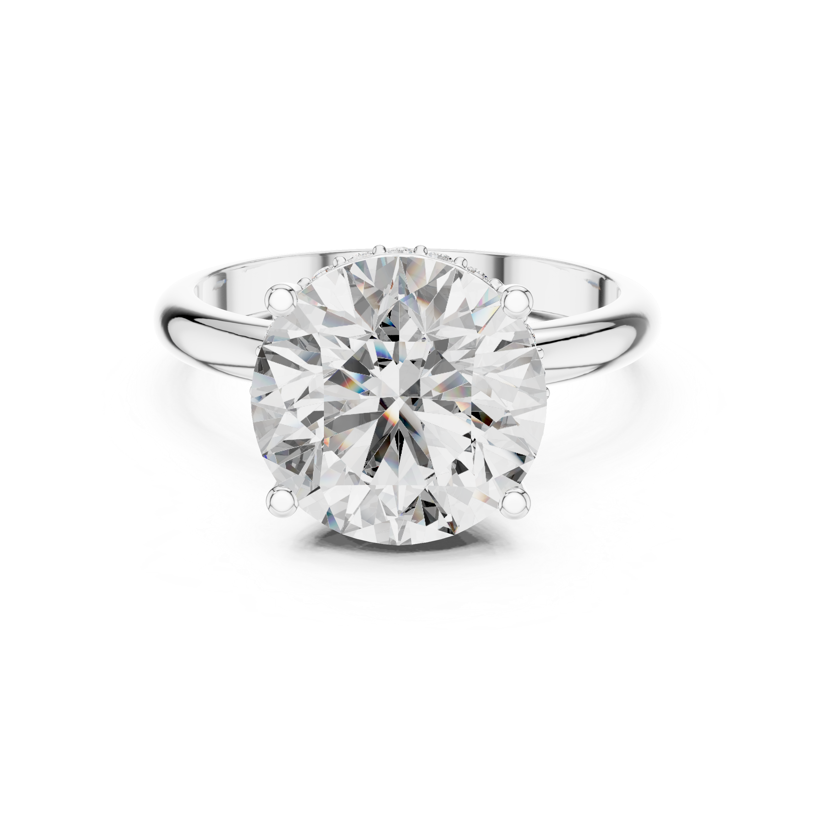 Front view of a round brilliant cut diamond solitaire engagement ring in white gold or platinum with a transparent background.
