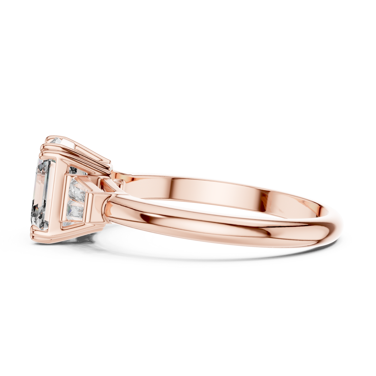 Emerald cut lab grown diamond three stone ring in rose gold, side view