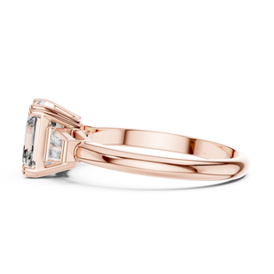 Emerald cut lab grown diamond three stone ring in rose gold, side view