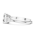Emerald cut lab grown diamond three stone ring in white gold, side view