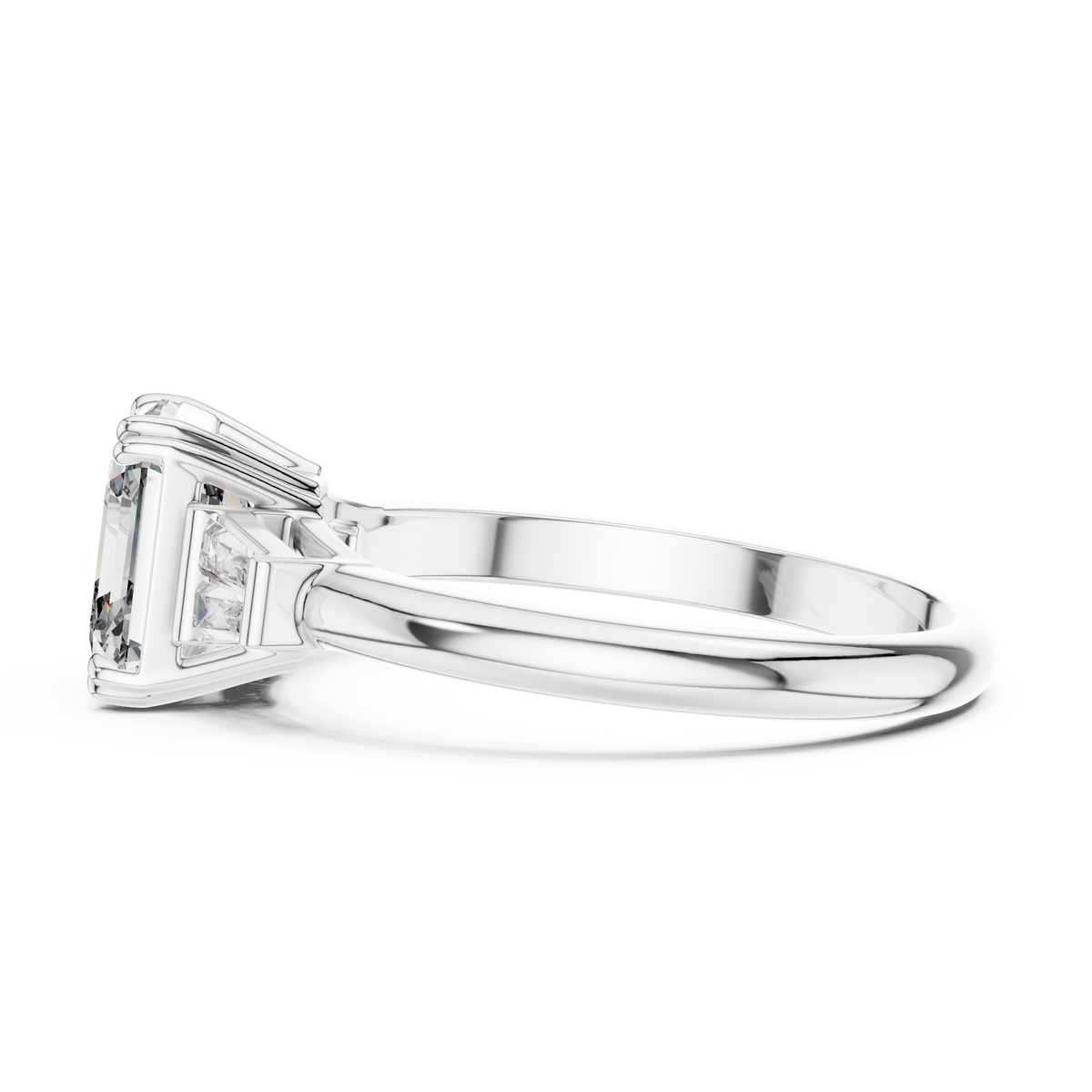 Emerald cut lab grown diamond three stone ring in white gold, side view