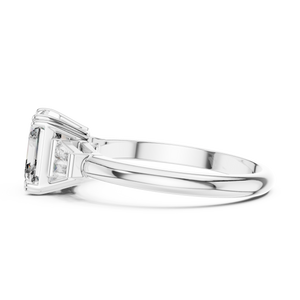 Emerald cut lab grown diamond three stone ring in white gold, side view