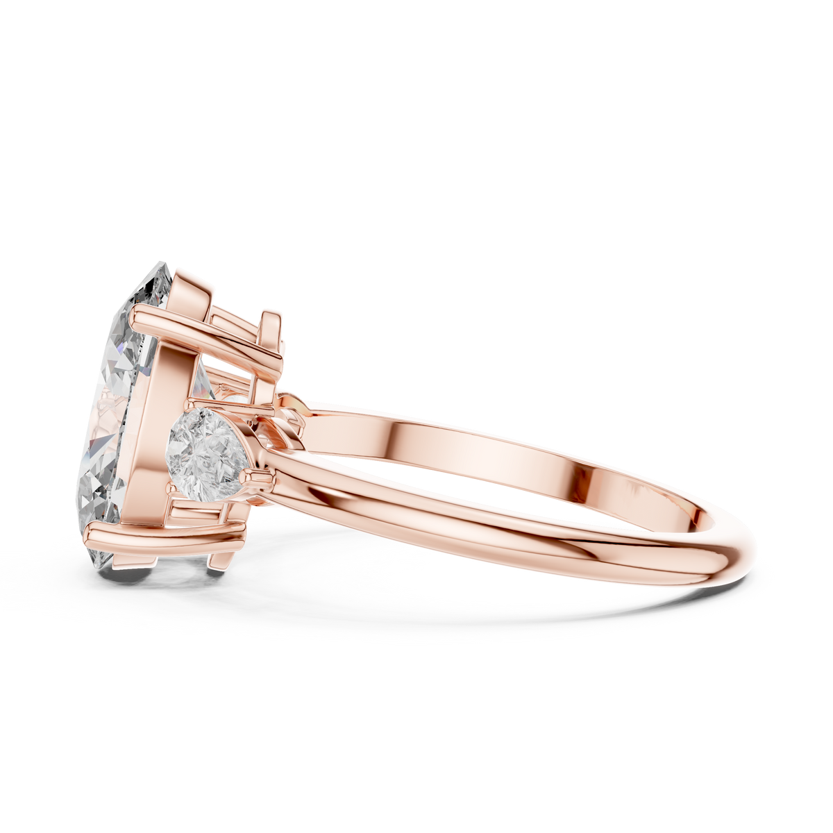 3.10 CTW oval cut three stone lab grown diamond engagement ring in rose gold, side view