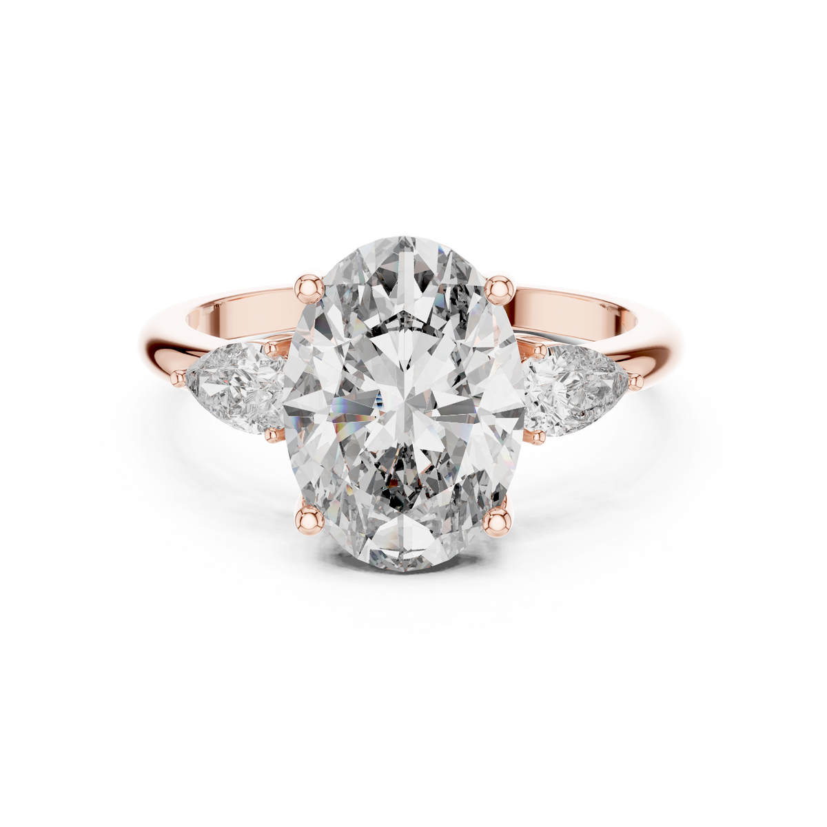 3.10 CTW oval cut three stone lab grown diamond engagement ring in rose gold, front view