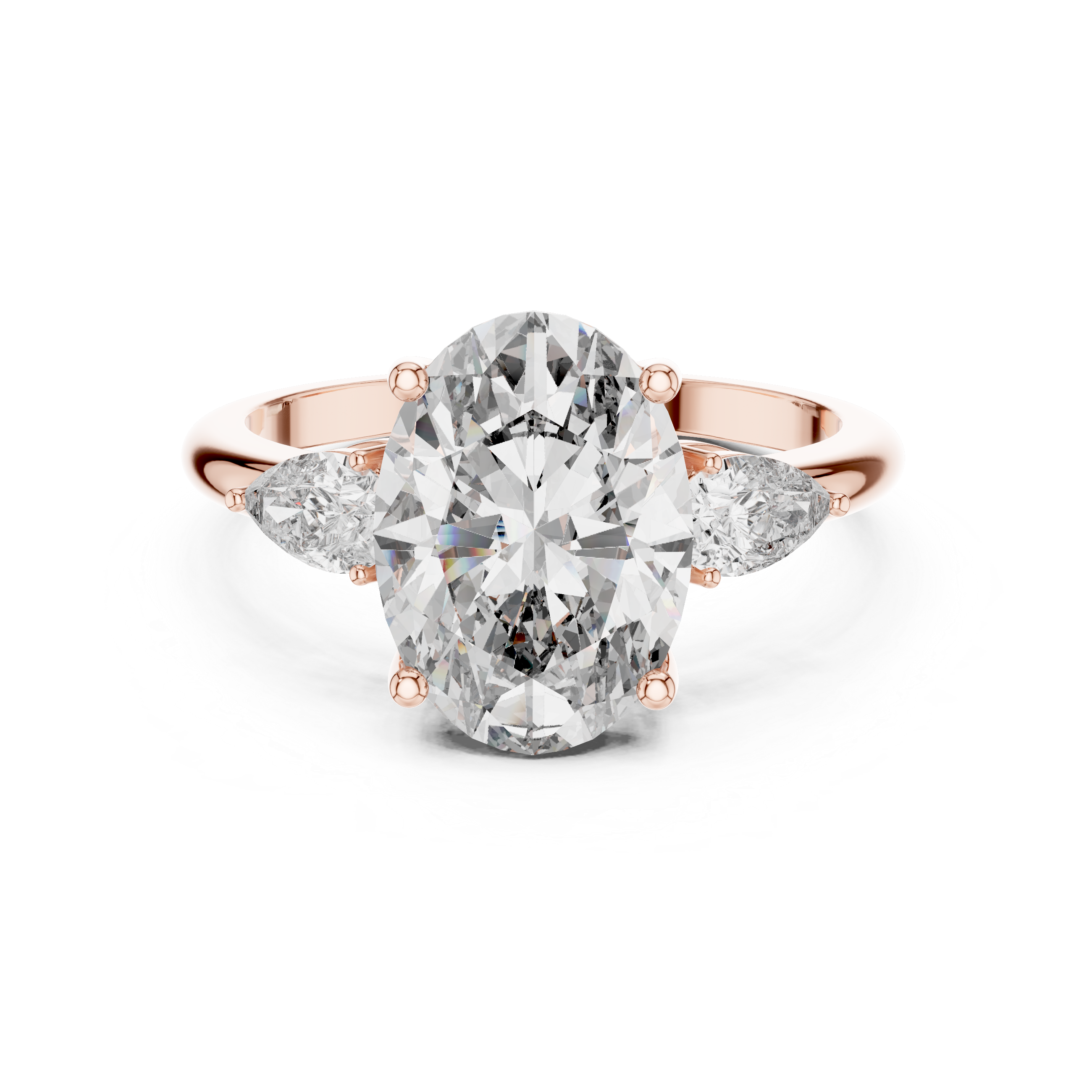 Rose gold diamond ring with a large central diamond and smaller diamonds on the sides on a white background