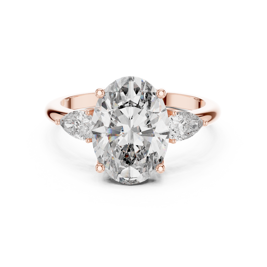 3.10 CTW oval cut three stone lab grown diamond engagement ring in rose gold, front view