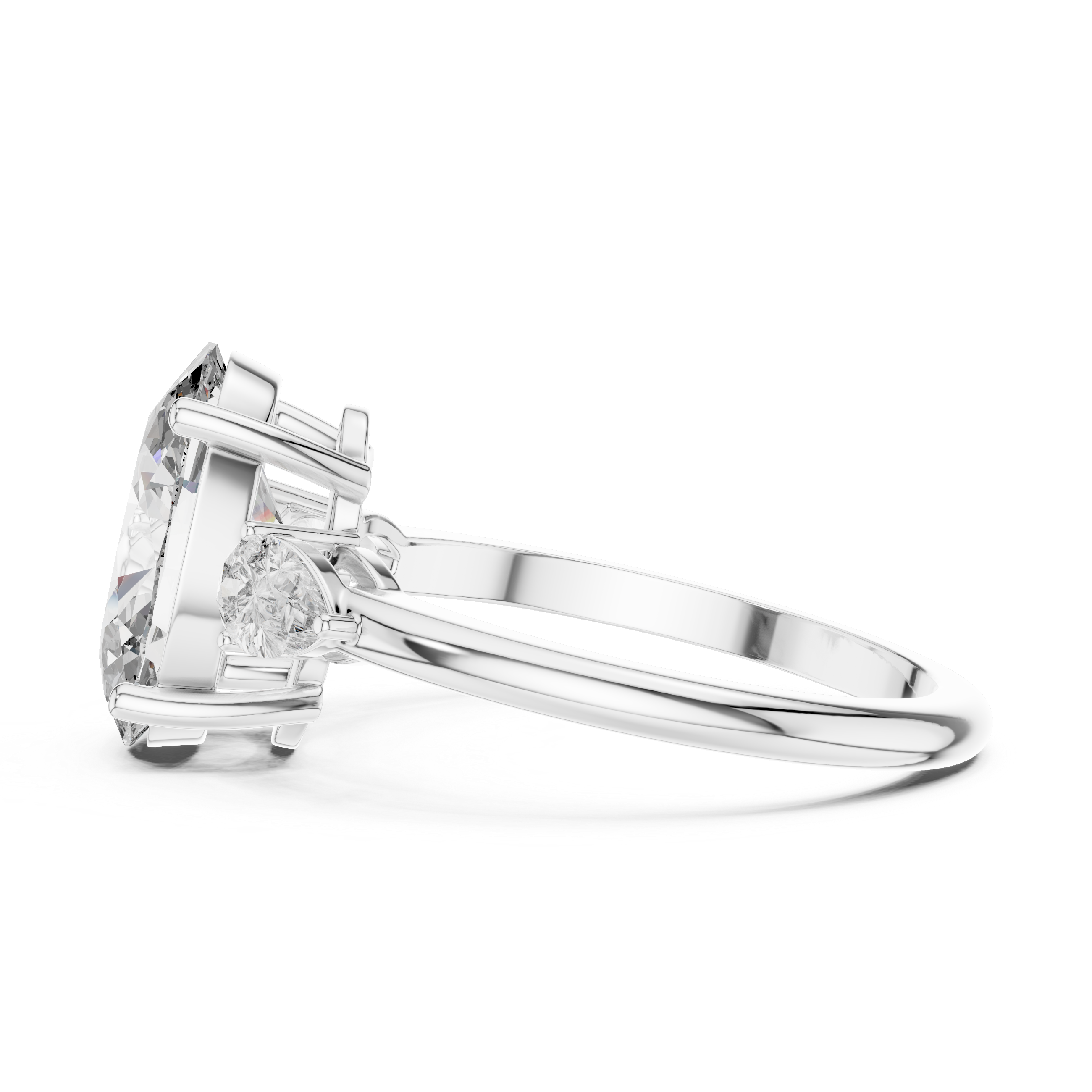 A side view of a luxury three-stone lab-grown diamond engagement ring in solid white gold, showcasing a 2.75 carat oval-cut center diamond and a brilliant pear-cut side stone on a clean background.