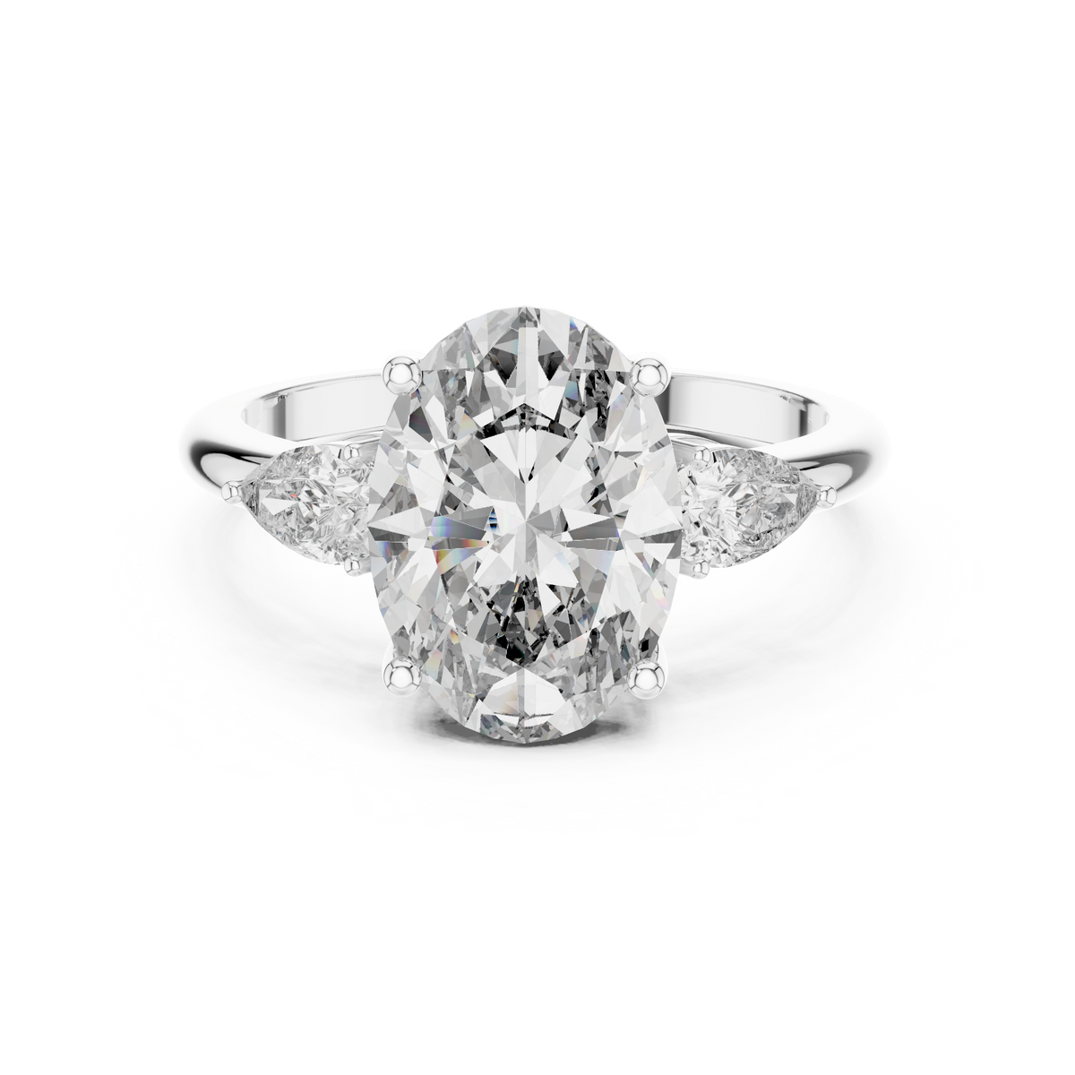 A front close-up view of a luxury three-stone lab-grown diamond engagement ring in solid white gold, highlighting a brilliant 2.75 carat oval center diamond and two pear-shaped side stones.