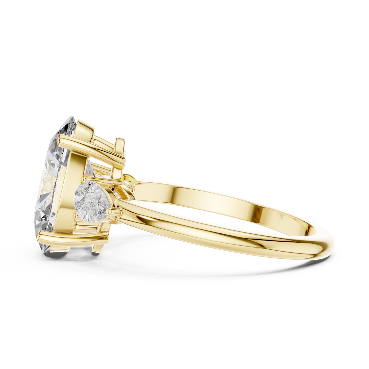3.10 CTW oval cut three stone lab grown diamond engagement ring in yellow gold, side view