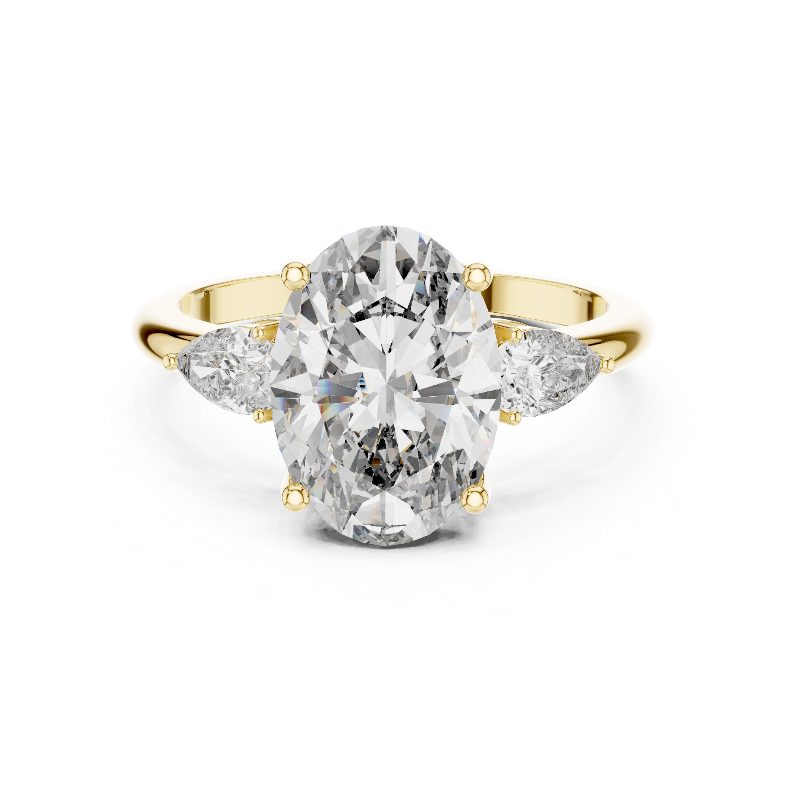 A front close-up view of a luxury three-stone lab-grown diamond engagement ring in solid yellow gold, highlighting a brilliant 2.75 carat oval center diamond and two pear-shaped side stones.
