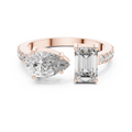 A front close-up view of a luxury Toi et Moi lab-grown diamond engagement ring crafted in solid rose gold, featuring a 0.86 carat emerald-cut diamond and a 1.00 carat pear-shaped diamond on a pavé accented open band.
