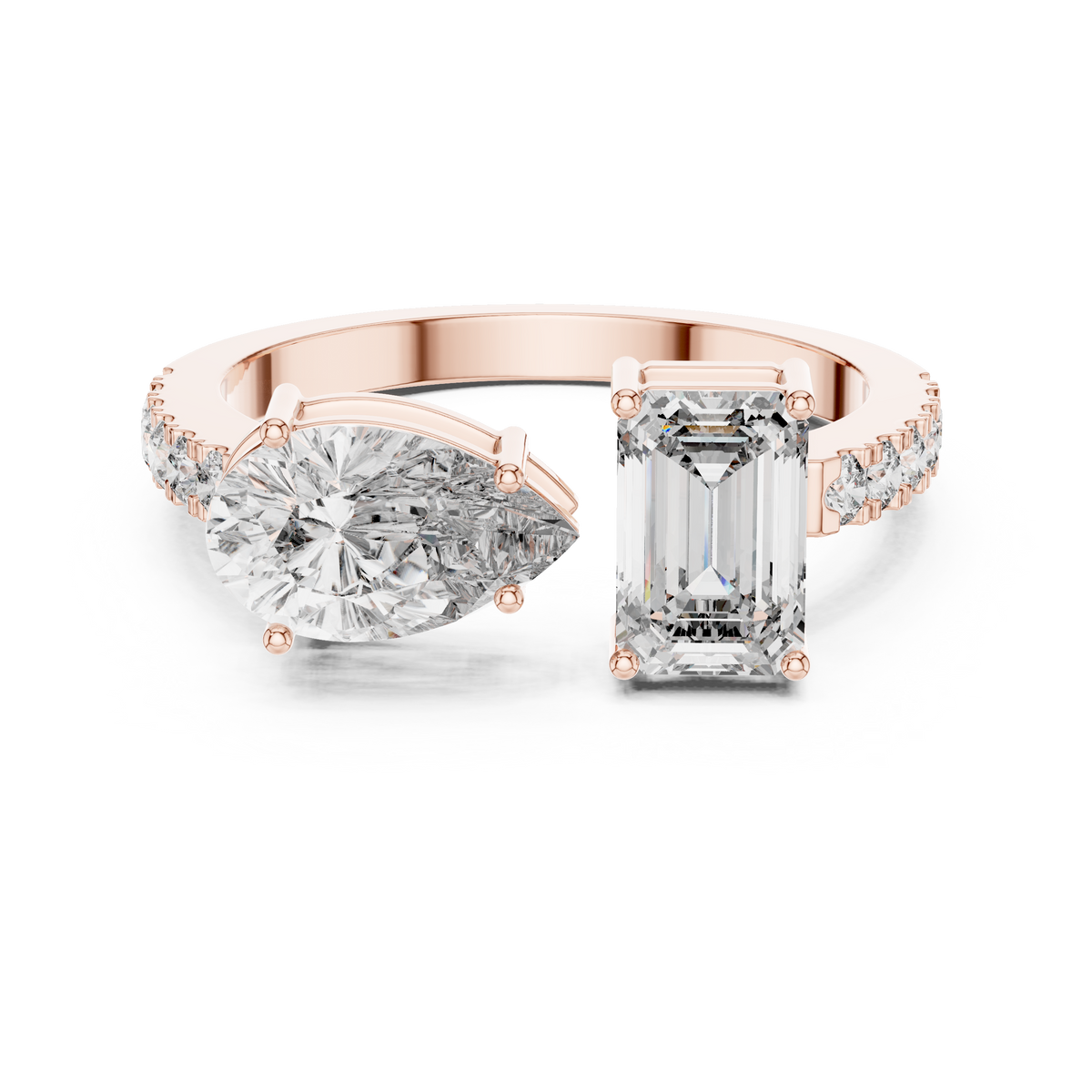 A front close-up view of a luxury Toi et Moi lab-grown diamond engagement ring crafted in solid rose gold, featuring a 0.86 carat emerald-cut diamond and a 1.00 carat pear-shaped diamond on a pavé accented open band.