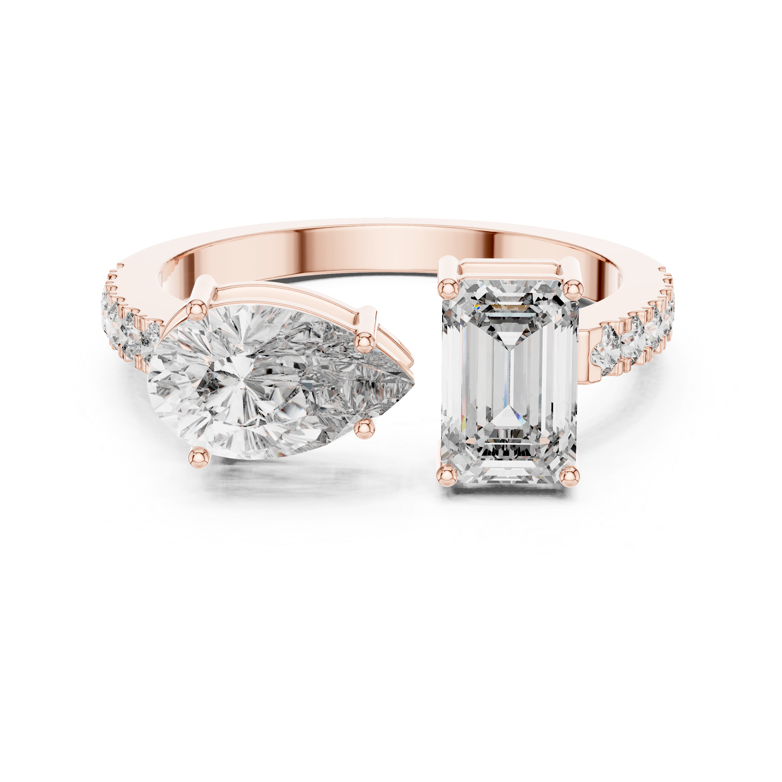 A front close-up view of a luxury Toi et Moi lab-grown diamond engagement ring crafted in solid rose gold, featuring a 0.86 carat emerald-cut diamond and a 1.00 carat pear-shaped diamond on a pavé accented open band.