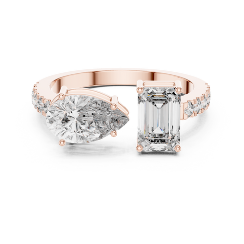 A front close-up view of a luxury Toi et Moi lab-grown diamond engagement ring crafted in solid rose gold, featuring a 0.86 carat emerald-cut diamond and a 1.00 carat pear-shaped diamond on a pavé accented open band.