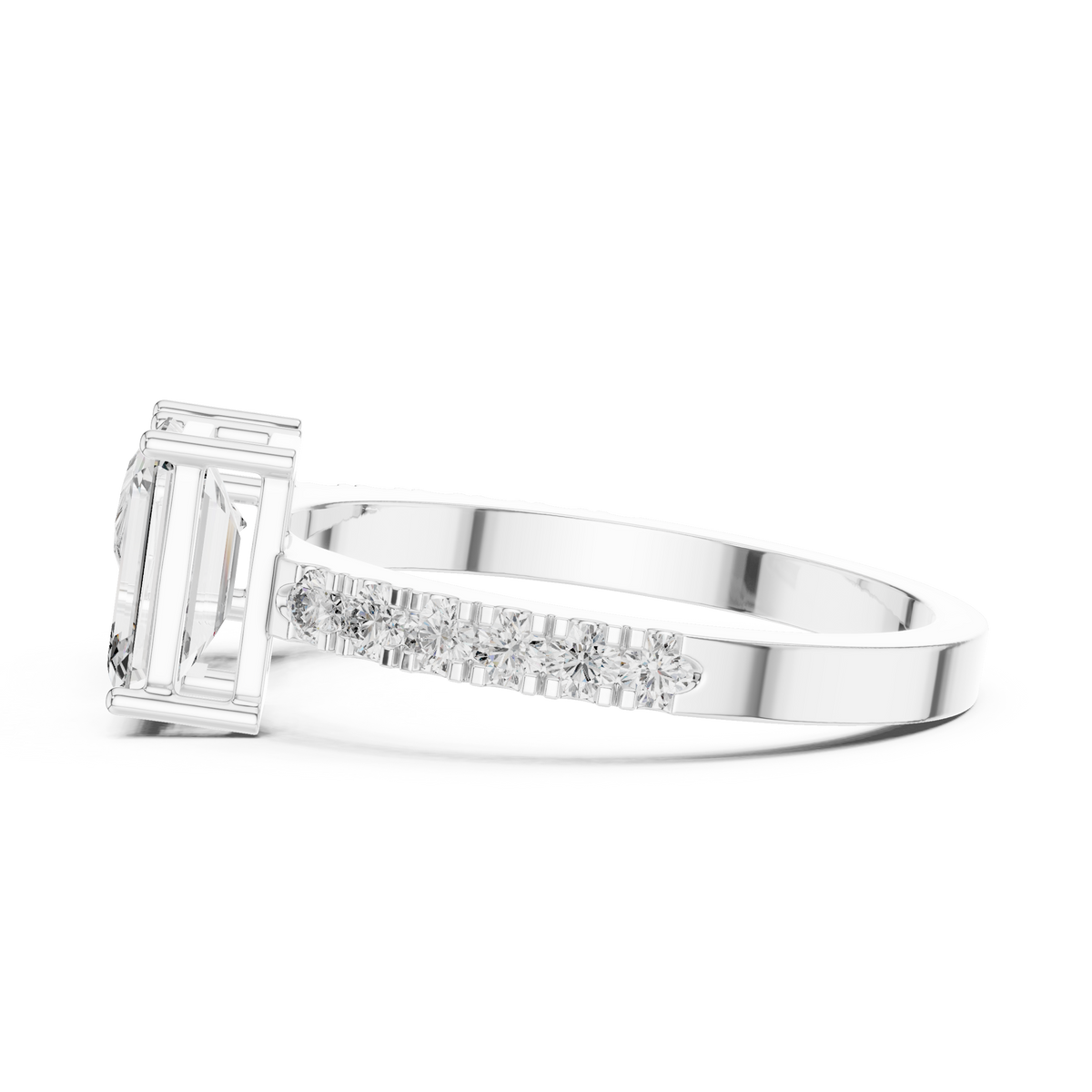 A side view of a luxury Toi et Moi lab-grown diamond engagement ring crafted in solid white gold, showcasing the emerald-cut center diamond and brilliant pavé diamonds along the band.