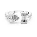 A front close-up view of a luxury Toi et Moi lab-grown diamond engagement ring in solid white gold, featuring a 0.86 carat emerald-cut diamond and a 1.00 carat pear-shaped diamond on a pavé accented open band.