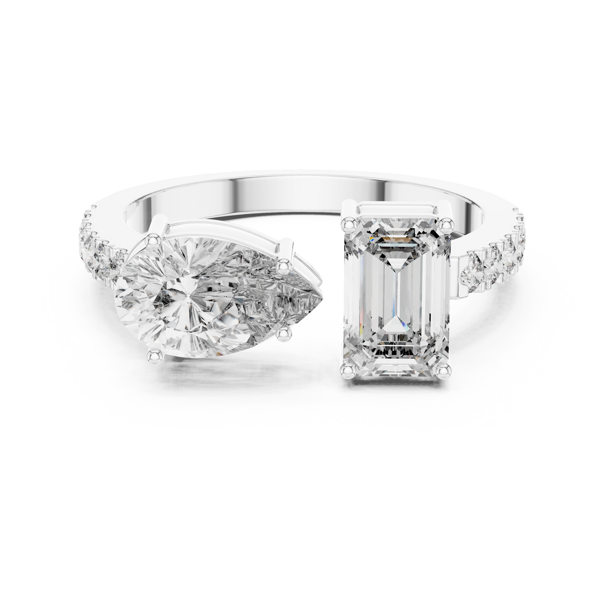 A front close-up view of a luxury Toi et Moi lab-grown diamond engagement ring in solid white gold, featuring a 0.86 carat emerald-cut diamond and a 1.00 carat pear-shaped diamond on a pavé accented open band.
