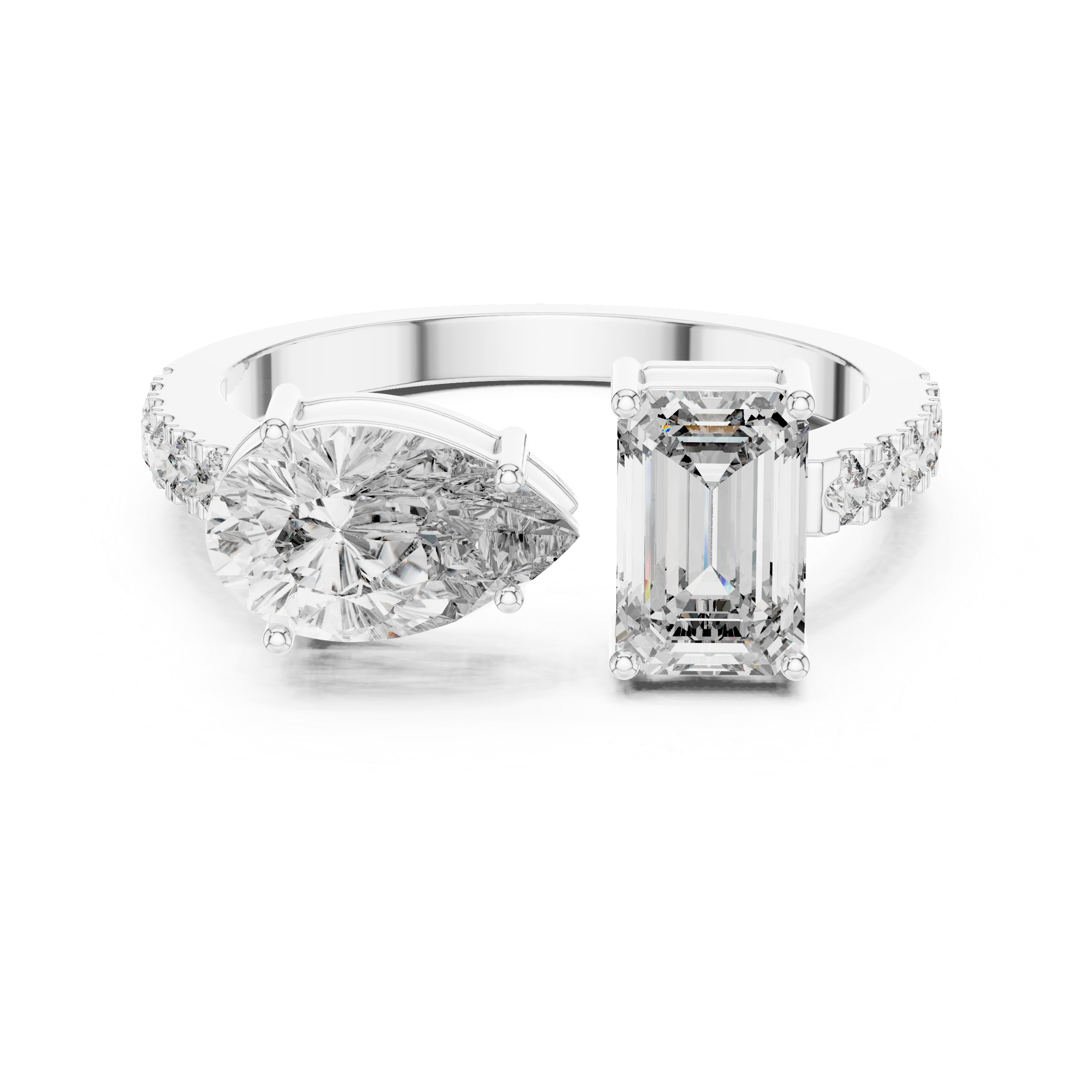 A front close-up view of a luxury Toi et Moi lab-grown diamond engagement ring in solid white gold, featuring a 0.86 carat emerald-cut diamond and a 1.00 carat pear-shaped diamond on a pavé accented open band.