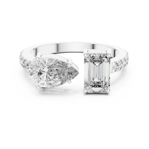 A front close-up view of a luxury Toi et Moi lab-grown diamond engagement ring in solid white gold, featuring a 0.86 carat emerald-cut diamond and a 1.00 carat pear-shaped diamond on a pavé accented open band.