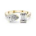 Toi et Moi lab grown diamond engagement ring with emerald and pear cut stones in yellow gold, front view