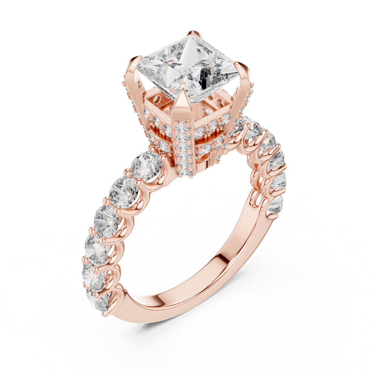 2 carat princess cut diamond engagement ring with round side stones in luxury setting