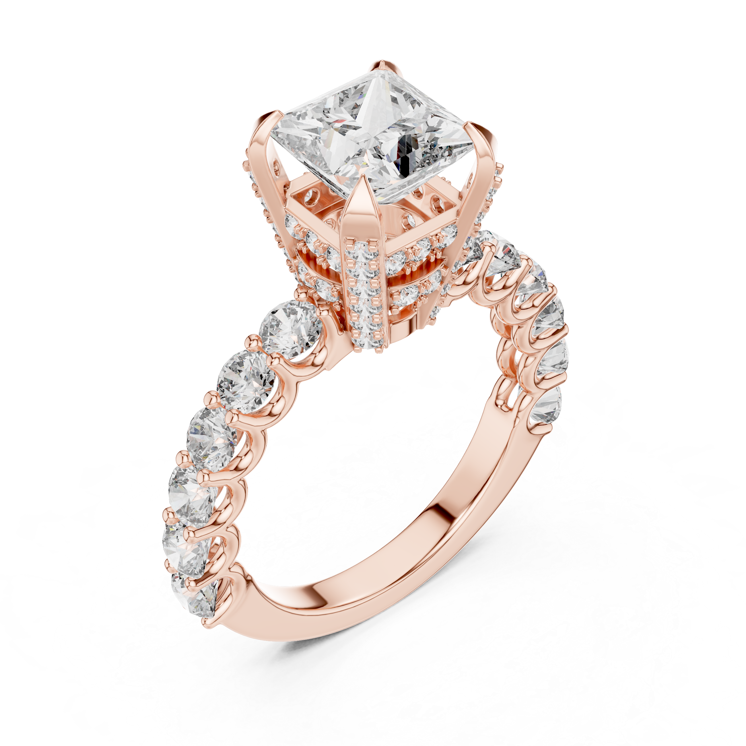2 carat princess cut diamond engagement ring with round side stones in luxury setting