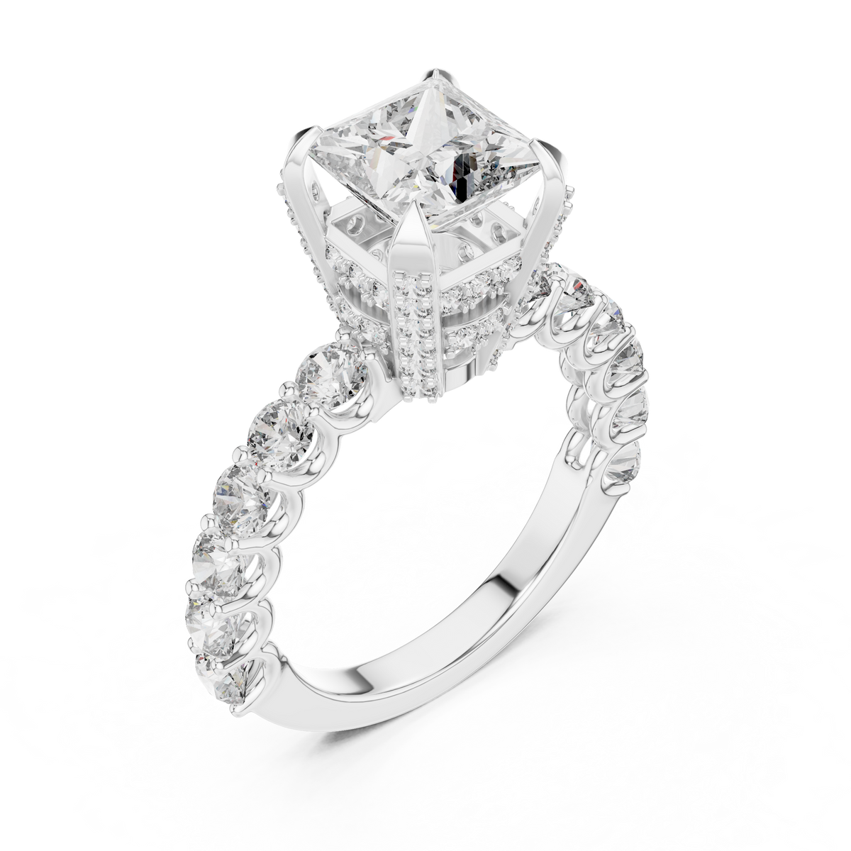2 CT princess cut lab grown diamond engagement ring with pavé side stones in white gold, angled view