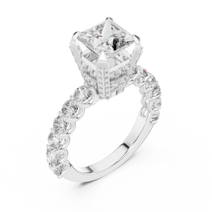 2 CT princess cut lab grown diamond engagement ring with pavé side stones in white gold, angled view