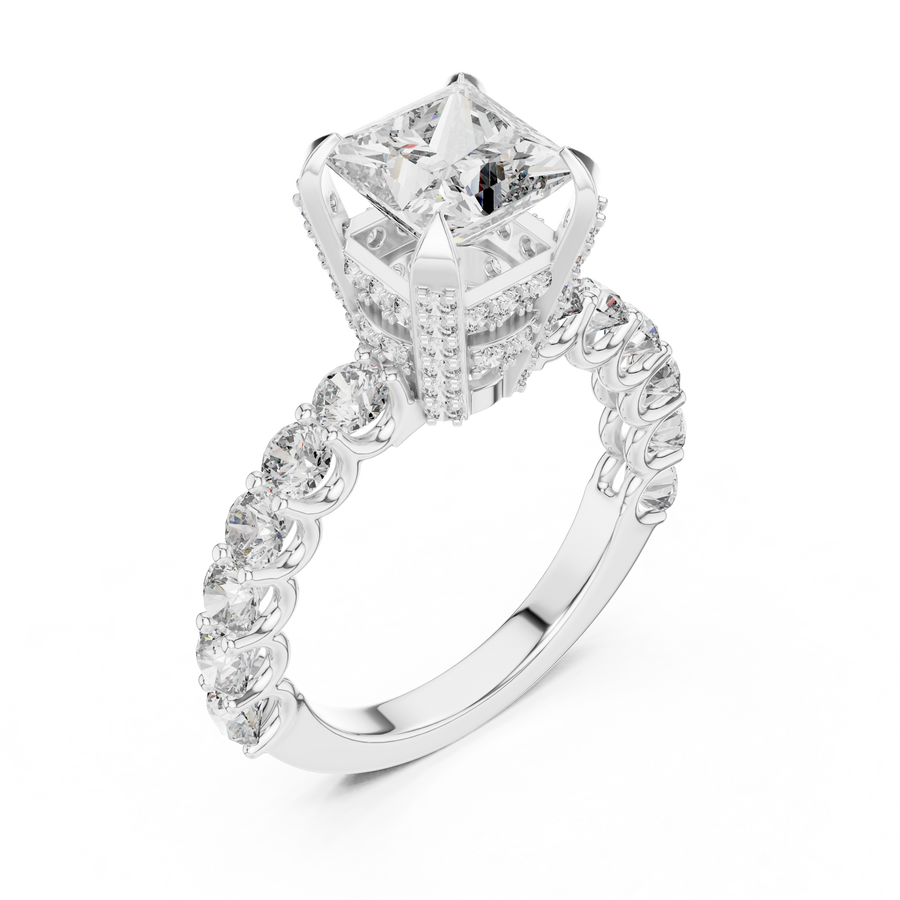 2 CT princess cut lab grown diamond engagement ring with pavé side stones in white gold, angled view