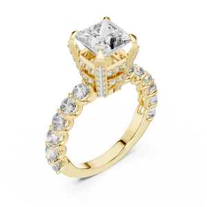 2 CT princess cut lab grown diamond engagement ring with pavé side stones in yellow gold, angled view