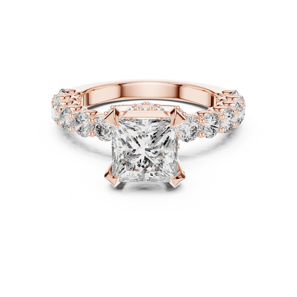 2 carat princess cut diamond engagement ring with round side stones in luxury setting