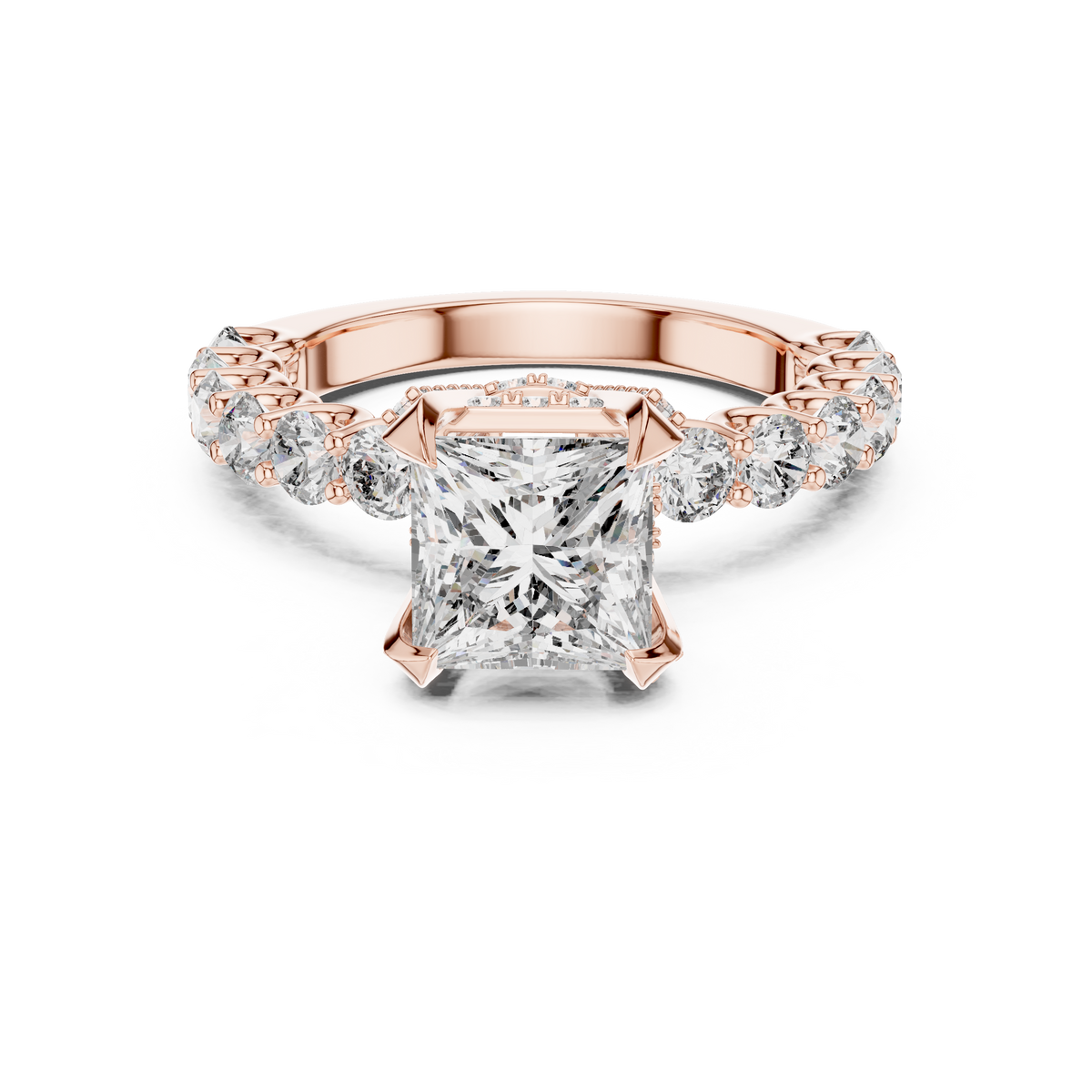 2 carat princess cut diamond engagement ring with round side stones in luxury setting