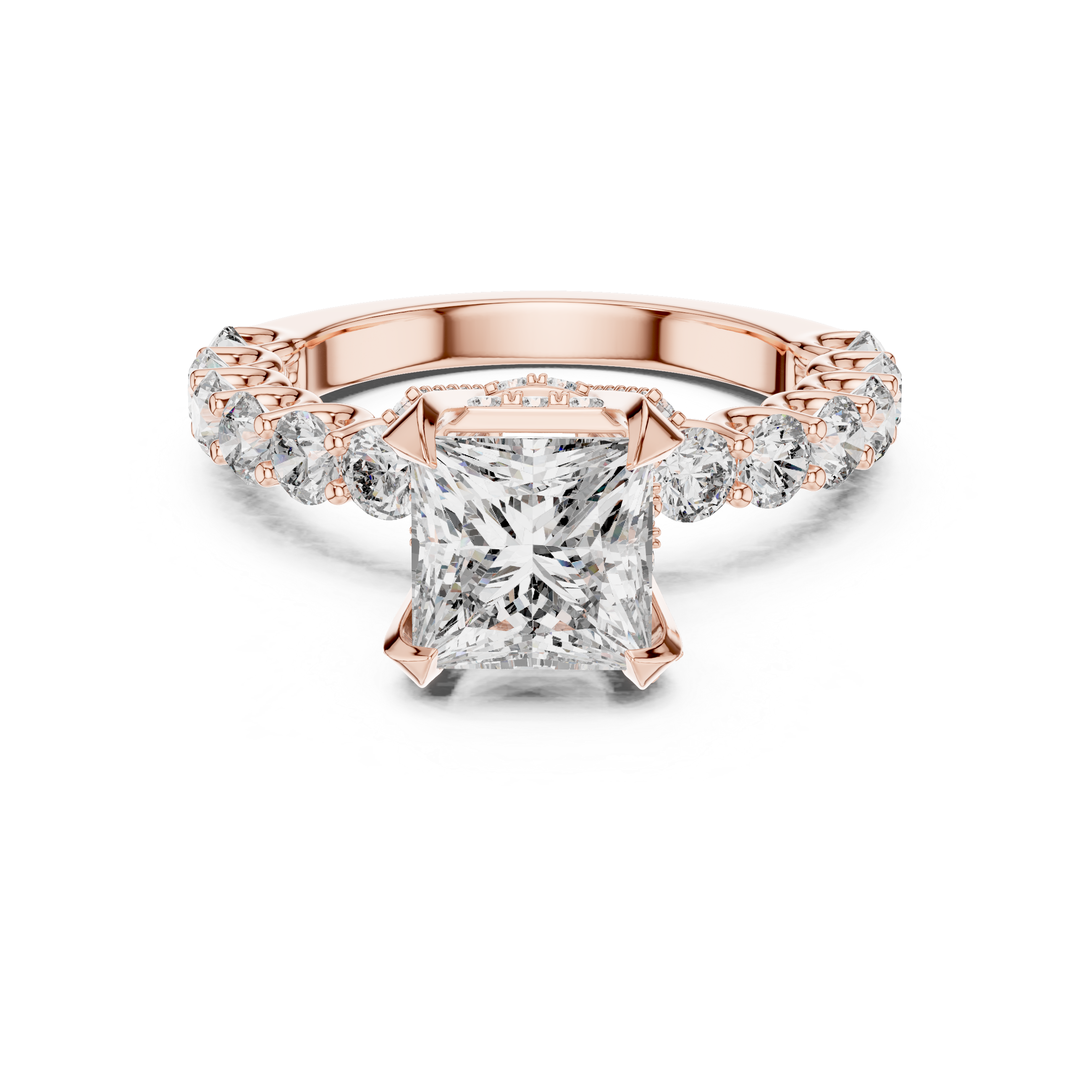 2 carat princess cut diamond engagement ring with round side stones in luxury setting