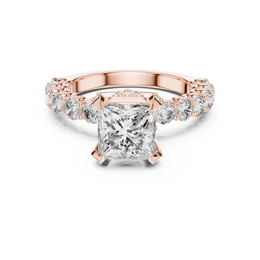 2 carat princess cut diamond engagement ring with round side stones in luxury setting