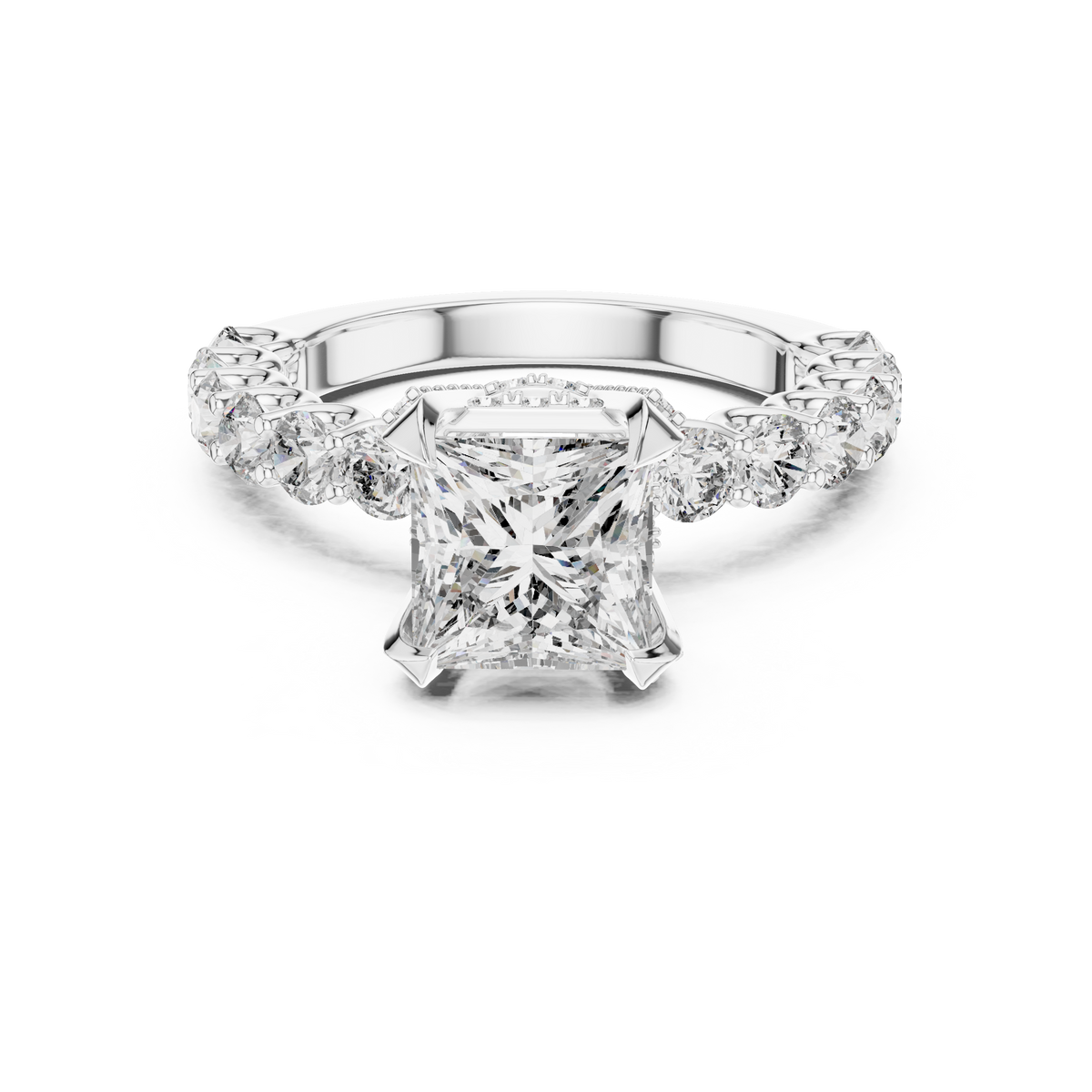 2 CT princess cut lab grown diamond engagement ring with pavé side stones in white gold, front view