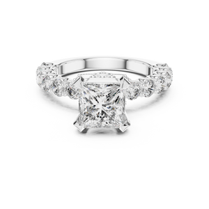 2 CT princess cut lab grown diamond engagement ring with pavé side stones in white gold, front view