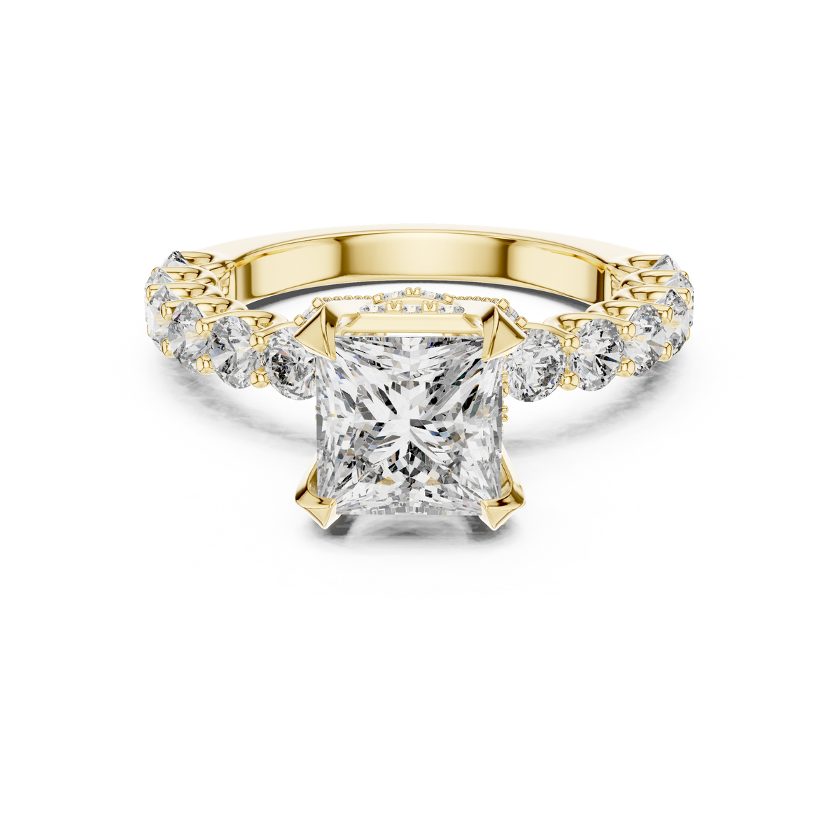 2 CT princess cut lab grown diamond engagement ring with pavé side stones in yellow gold, front view
