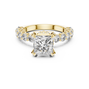 2 CT princess cut lab grown diamond engagement ring with pavé side stones in yellow gold, front view