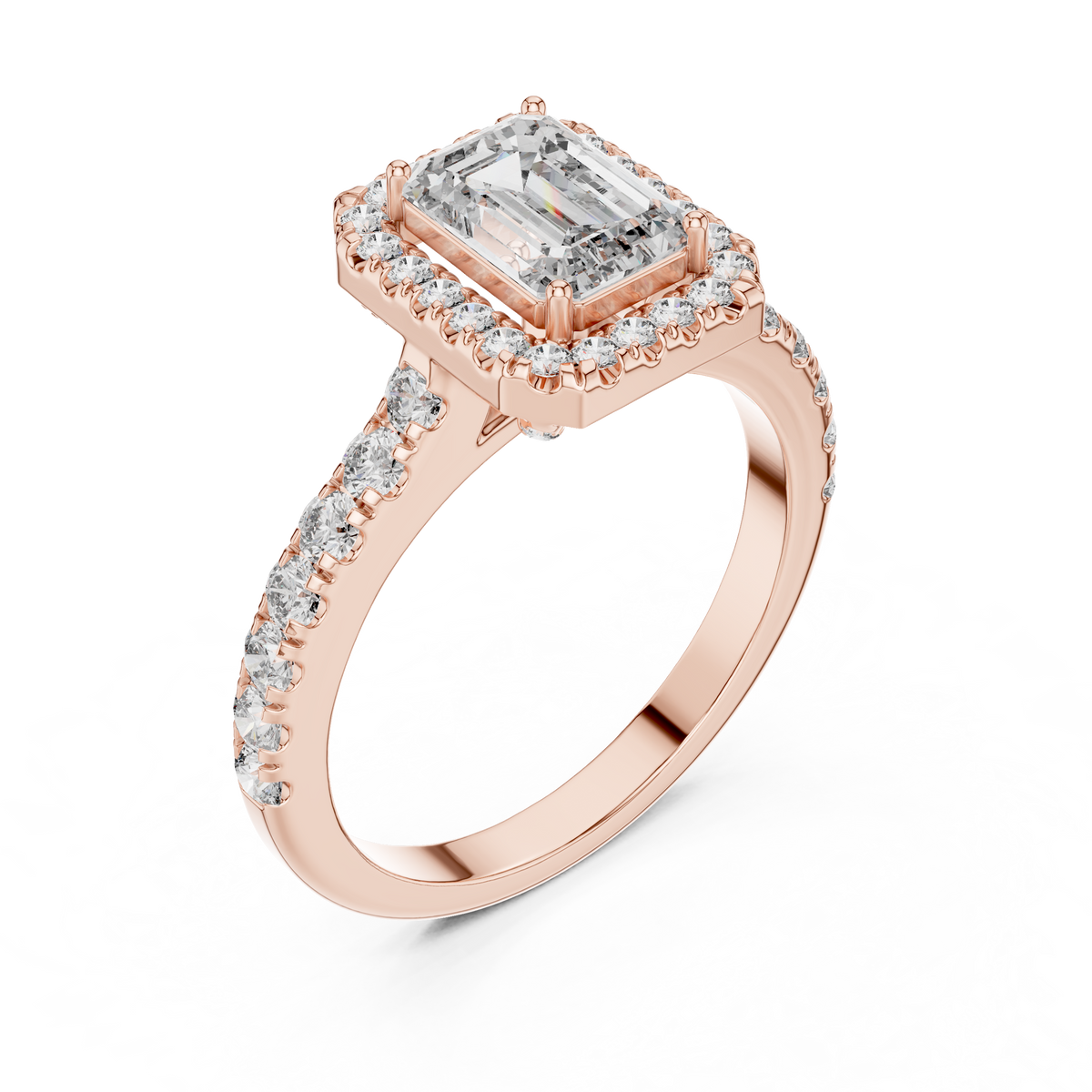 Rose gold emerald cut engagement ring with diamond halo and pave band