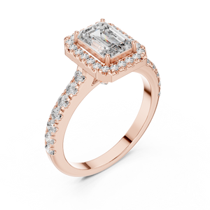 Rose gold emerald cut engagement ring with diamond halo and pave band