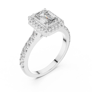 White gold emerald cut engagement ring with halo and pave band