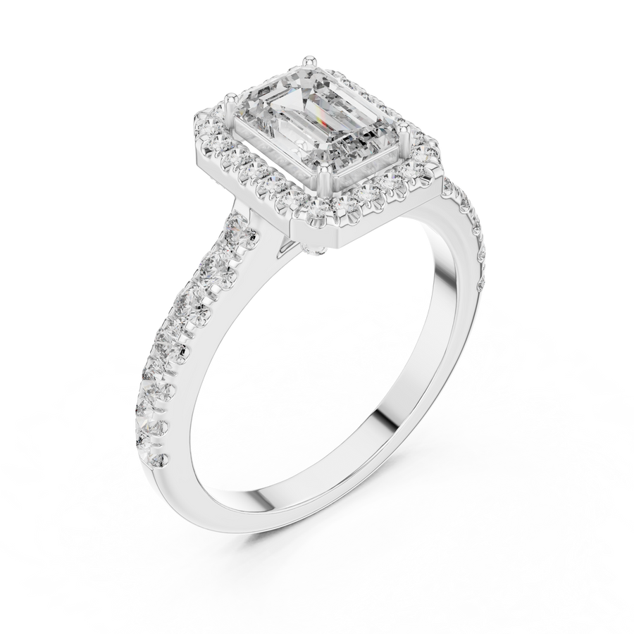 White gold emerald cut engagement ring with halo and pave band