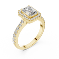 Yellow gold emerald cut engagement ring with diamond halo and pave band
