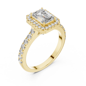 Yellow gold emerald cut engagement ring with diamond halo and pave band