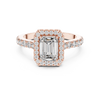 Emerald cut lab-grown diamond engagement ring with a halo and pavé band set in rose gold"